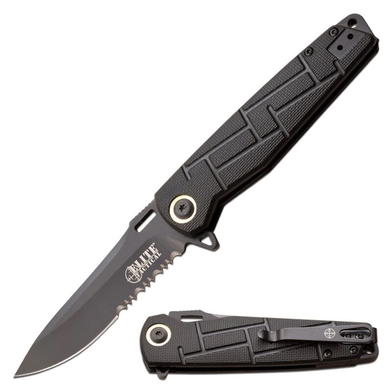 Elite Tactical Black Pocket Knife | Serrated, , large image number 0